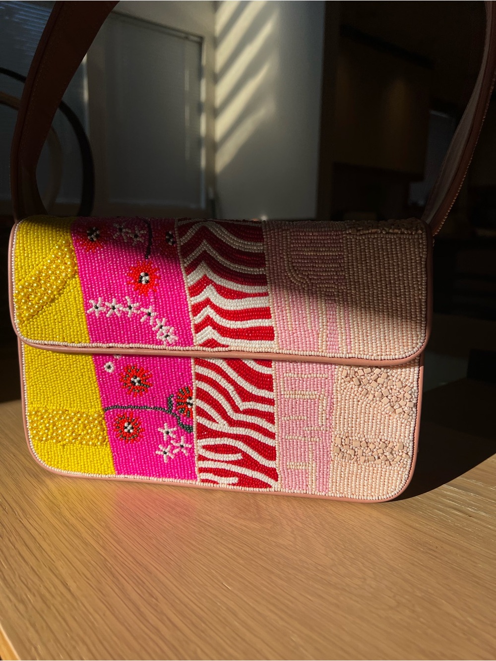 Beaded Patchwork Shoulder Bag - Pink, Yellow, Red